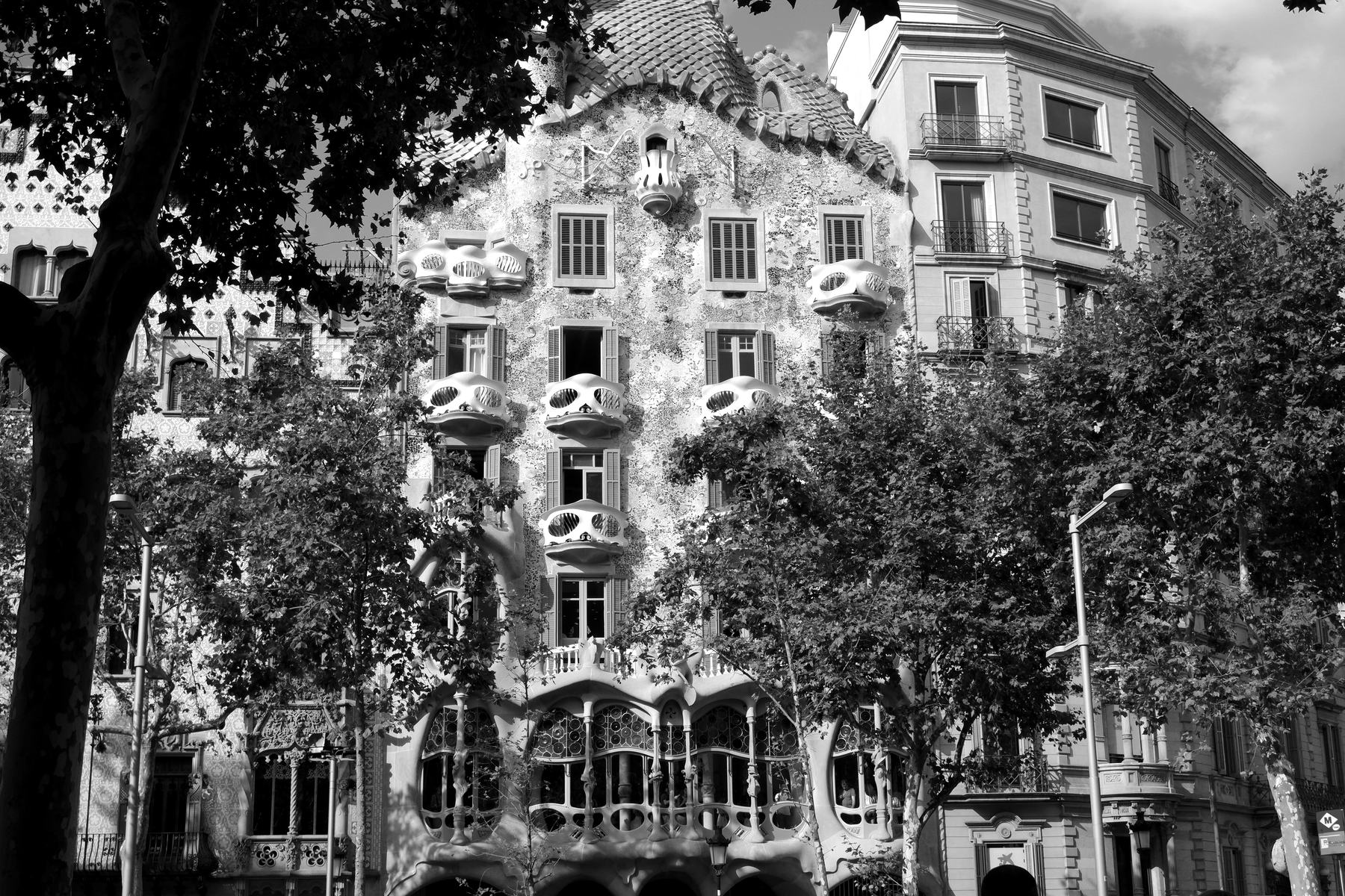 Casa Batlló on Passeig de Gràcia, seen through the trees